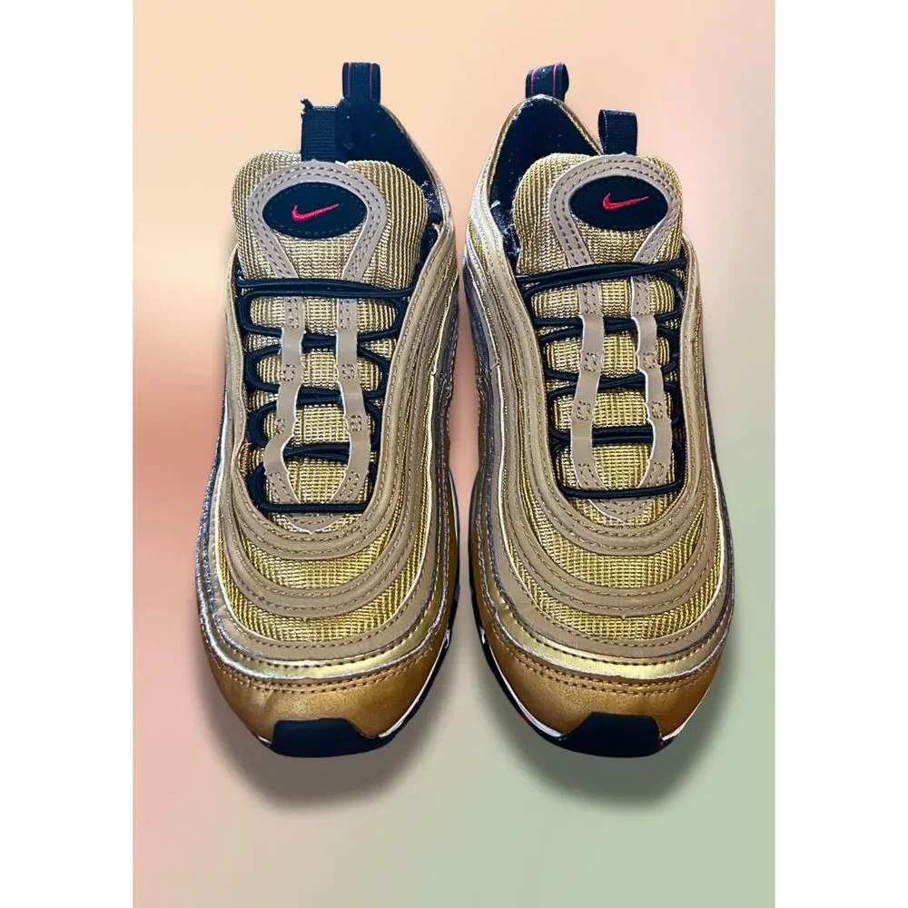 Nike Air Max 97 GS Metallic Gold University Red Black 918890-700 Youth Size 4Y